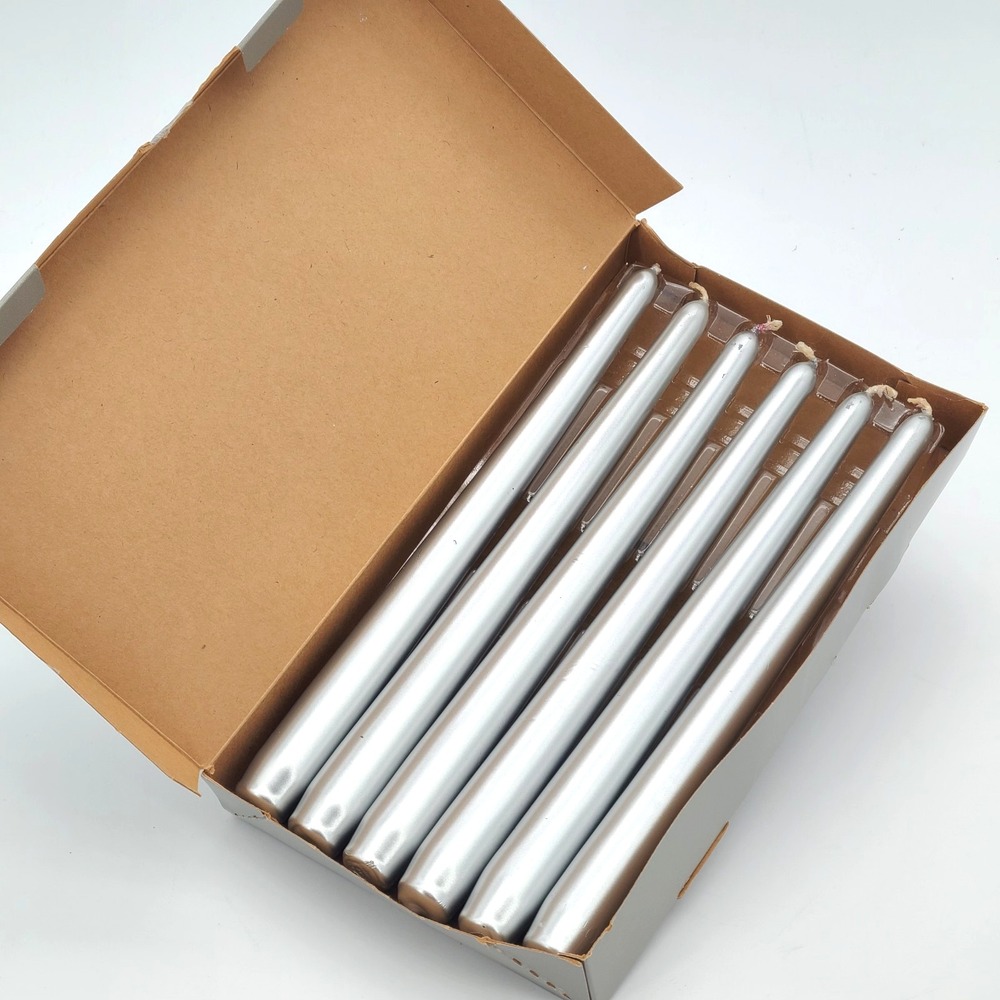 Set of 6 10"  Dinner Taper Candles PartyLite M1084 Metallic Silver Unscented